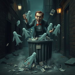 A surreal scene depicting a character with an eerie yet oddly playful demeanor, dressed in a vintage suit, tossing ghostly figures representing people from his past into a large, overflowing trash bin