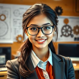 A portrait of an engineering girl, showcasing a confident young woman with expressive eyes and a bright smile