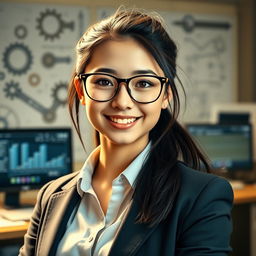 A portrait of an engineering girl, showcasing a confident young woman with expressive eyes and a bright smile