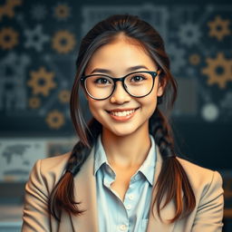 A portrait of an engineering girl, showcasing a confident young woman with expressive eyes and a bright smile