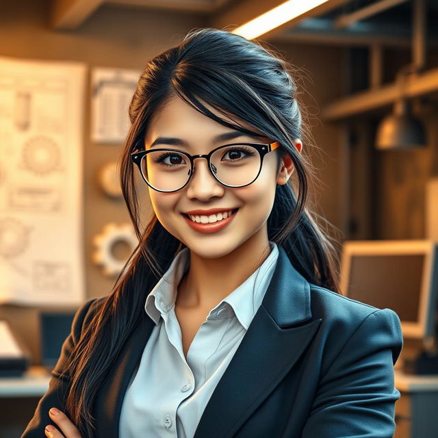 A portrait of an engineering girl, showcasing a confident young woman with expressive eyes and a bright smile