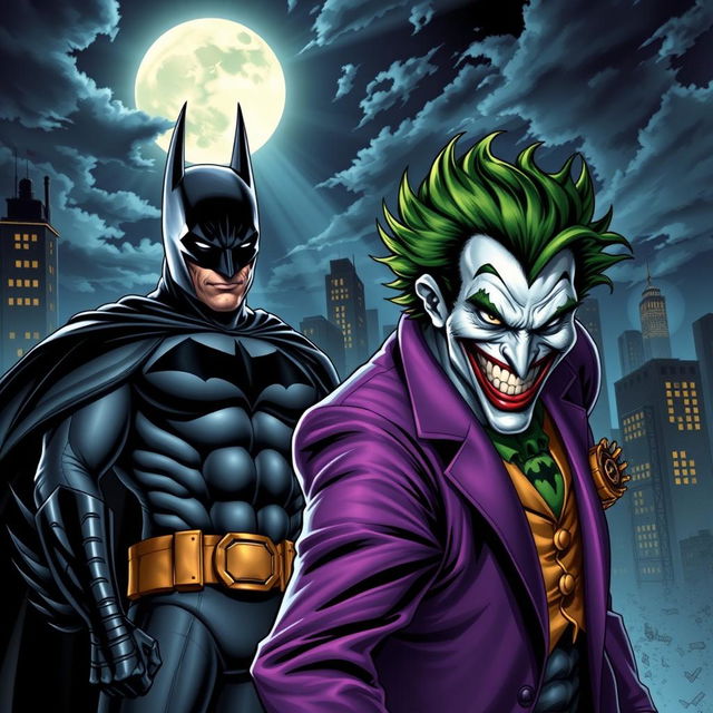 A dynamic scene featuring a powerful and intense combination of Batman and the Joker