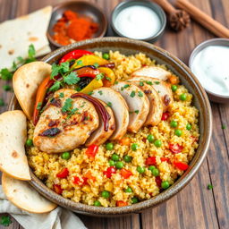 A beautifully plated dish of chicken pilaf with quinoa, featuring tender pieces of roasted chicken breast garnished with fresh herbs, vibrant bell peppers, and caramelized onions