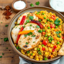 A beautifully plated dish of chicken pilaf with quinoa, featuring tender pieces of roasted chicken breast garnished with fresh herbs, vibrant bell peppers, and caramelized onions