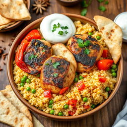 A beautifully plated dish of chicken pilaf with quinoa, featuring tender pieces of roasted chicken breast garnished with fresh herbs, vibrant bell peppers, and caramelized onions