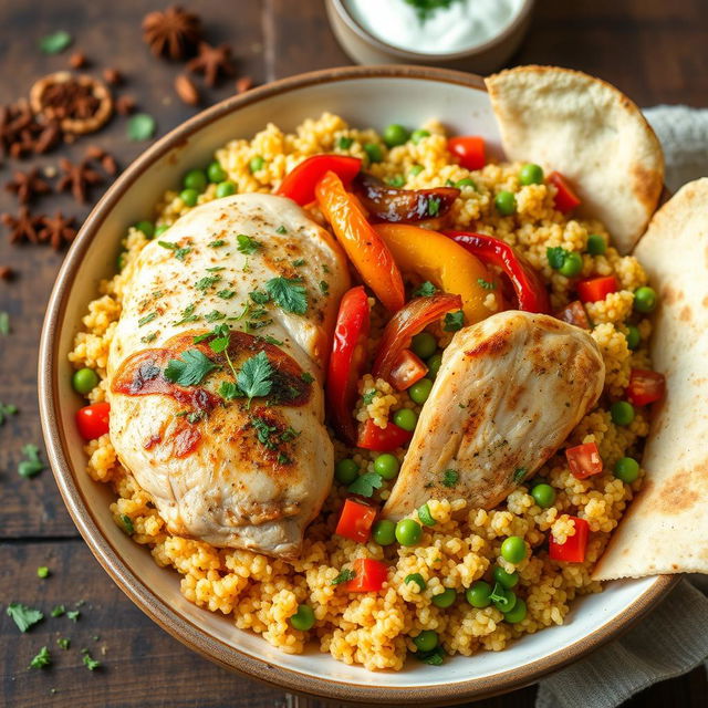 A beautifully plated dish of chicken pilaf with quinoa, featuring tender pieces of roasted chicken breast garnished with fresh herbs, vibrant bell peppers, and caramelized onions