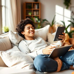 A relaxed person lounging on a comfortable sofa, holding a tablet in one hand and a steaming cup of coffee in the other