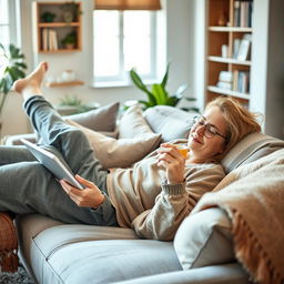 A relaxed person lounging on a comfortable sofa, holding a tablet in one hand and a steaming cup of coffee in the other