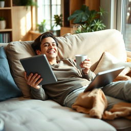 A relaxed person lounging on a comfortable sofa, holding a tablet in one hand and a steaming cup of coffee in the other