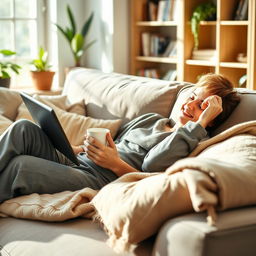 A relaxed person lounging on a comfortable sofa, holding a tablet in one hand and a steaming cup of coffee in the other