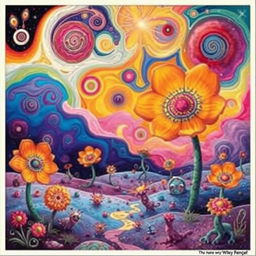 A surreal, psychedelic landscape with vibrant colors and abstract shapes swirling together