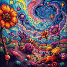 A surreal, psychedelic landscape with vibrant colors and abstract shapes swirling together