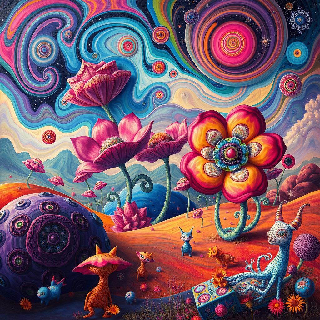 A surreal, psychedelic landscape with vibrant colors and abstract shapes swirling together