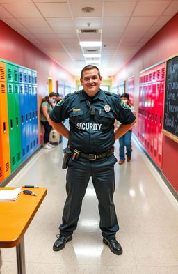 A mischievous school security guard with a playful smirk, wearing a well-fitted uniform