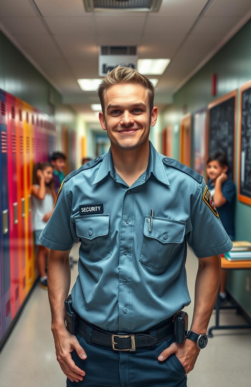 A mischievous school security guard with a playful smirk, wearing a well-fitted uniform