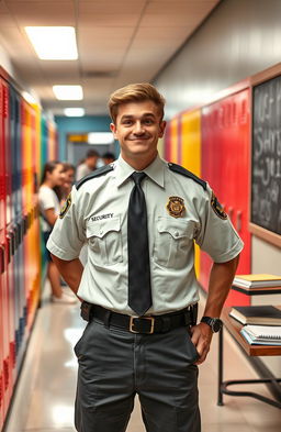 A mischievous school security guard with a playful smirk, wearing a well-fitted uniform