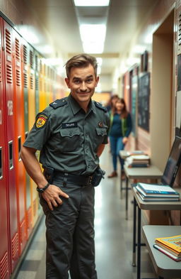 A mischievous school security guard with a playful smirk, wearing a well-fitted uniform