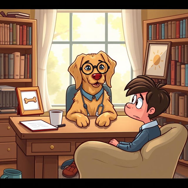 A whimsical scene featuring a dog dressed as a psychologist, sitting behind a desk in a cozy office