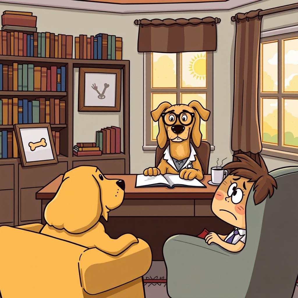 A whimsical scene featuring a dog dressed as a psychologist, sitting behind a desk in a cozy office