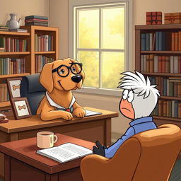 A whimsical scene featuring a dog dressed as a psychologist, sitting behind a desk in a cozy office