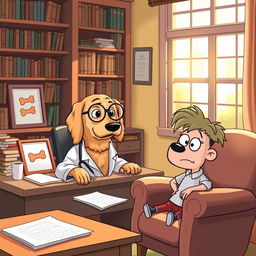 A whimsical scene featuring a dog dressed as a psychologist, sitting behind a desk in a cozy office