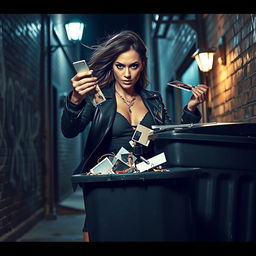 A dramatic and intense scene depicting a strong woman in a modern urban setting, dressed in stylish, edgy clothing