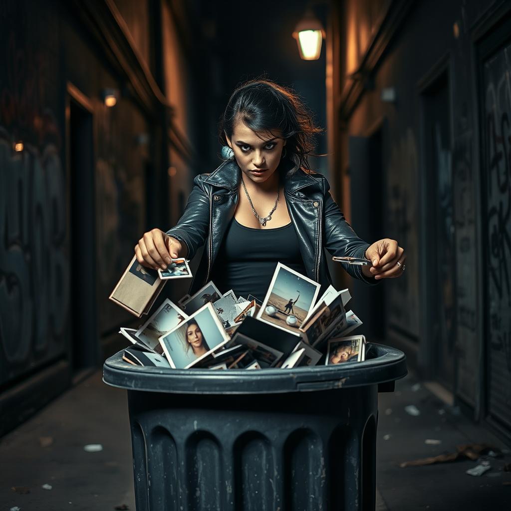 A dramatic and intense scene depicting a strong woman in a modern urban setting, dressed in stylish, edgy clothing