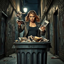 A dramatic and intense scene depicting a strong woman in a modern urban setting, dressed in stylish, edgy clothing