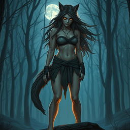 A female werewolf standing in a forest, her body partially transformed, with long flowing hair, sharp claws, and glowing eyes