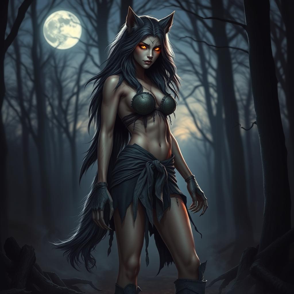 A female werewolf standing in a forest, her body partially transformed, with long flowing hair, sharp claws, and glowing eyes