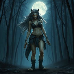 A female werewolf standing in a forest, her body partially transformed, with long flowing hair, sharp claws, and glowing eyes