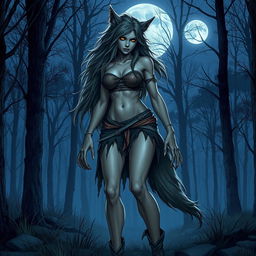 A female werewolf standing in a forest, her body partially transformed, with long flowing hair, sharp claws, and glowing eyes