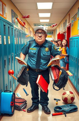 A humorous depiction of a school security guard having a funny mishap at a school, wearing a classic security uniform with a badge, looking flustered as various school supplies like books, backpacks, and sports equipment comically tumble around him