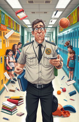 A humorous depiction of a school security guard having a funny mishap at a school, wearing a classic security uniform with a badge, looking flustered as various school supplies like books, backpacks, and sports equipment comically tumble around him