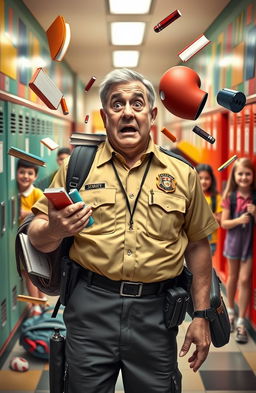 A humorous depiction of a school security guard having a funny mishap at a school, wearing a classic security uniform with a badge, looking flustered as various school supplies like books, backpacks, and sports equipment comically tumble around him