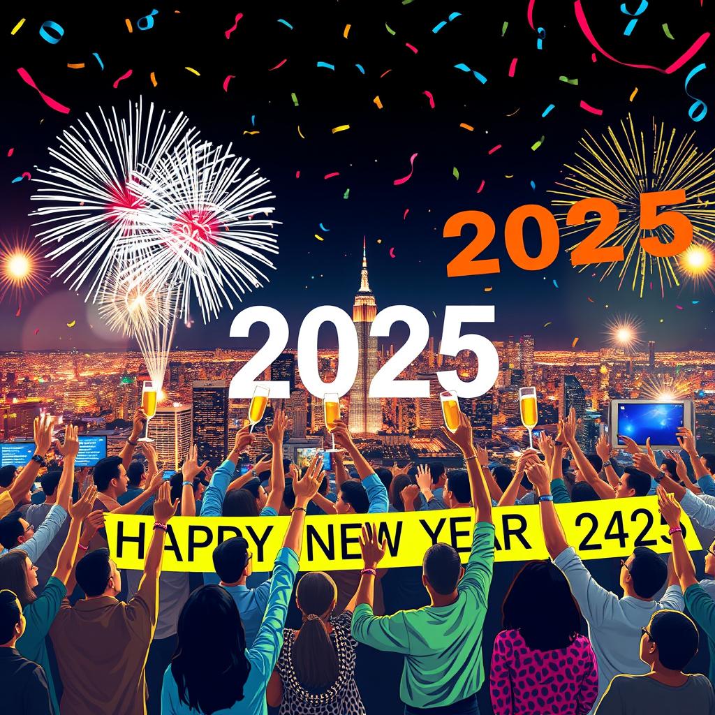 A vibrant and jubilant scene celebrating the new year 2025, featuring fireworks lighting up the night sky over a bustling city skyline