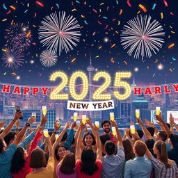 A vibrant and jubilant scene celebrating the new year 2025, featuring fireworks lighting up the night sky over a bustling city skyline