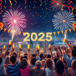 A vibrant and jubilant scene celebrating the new year 2025, featuring fireworks lighting up the night sky over a bustling city skyline