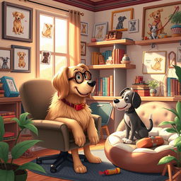 A whimsical scene featuring a wise looking dog psychologist sitting in a cozy office