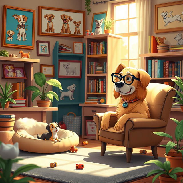 A whimsical scene featuring a wise looking dog psychologist sitting in a cozy office