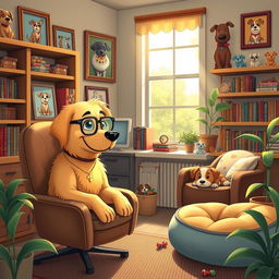 A whimsical scene featuring a wise looking dog psychologist sitting in a cozy office