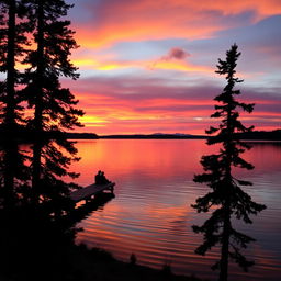 A serene sunset over a tranquil lake, with vibrant orange, pink, and purple hues reflecting on the water's surface