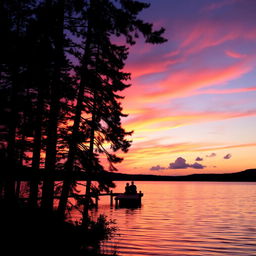 A serene sunset over a tranquil lake, with vibrant orange, pink, and purple hues reflecting on the water's surface