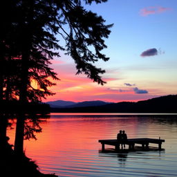 A serene sunset over a tranquil lake, with vibrant orange, pink, and purple hues reflecting on the water's surface