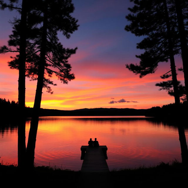 A serene sunset over a tranquil lake, with vibrant orange, pink, and purple hues reflecting on the water's surface