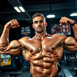 A muscular man with an athletic build, flexing his biceps in a gym setting