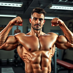 A muscular man with an athletic build, flexing his biceps in a gym setting
