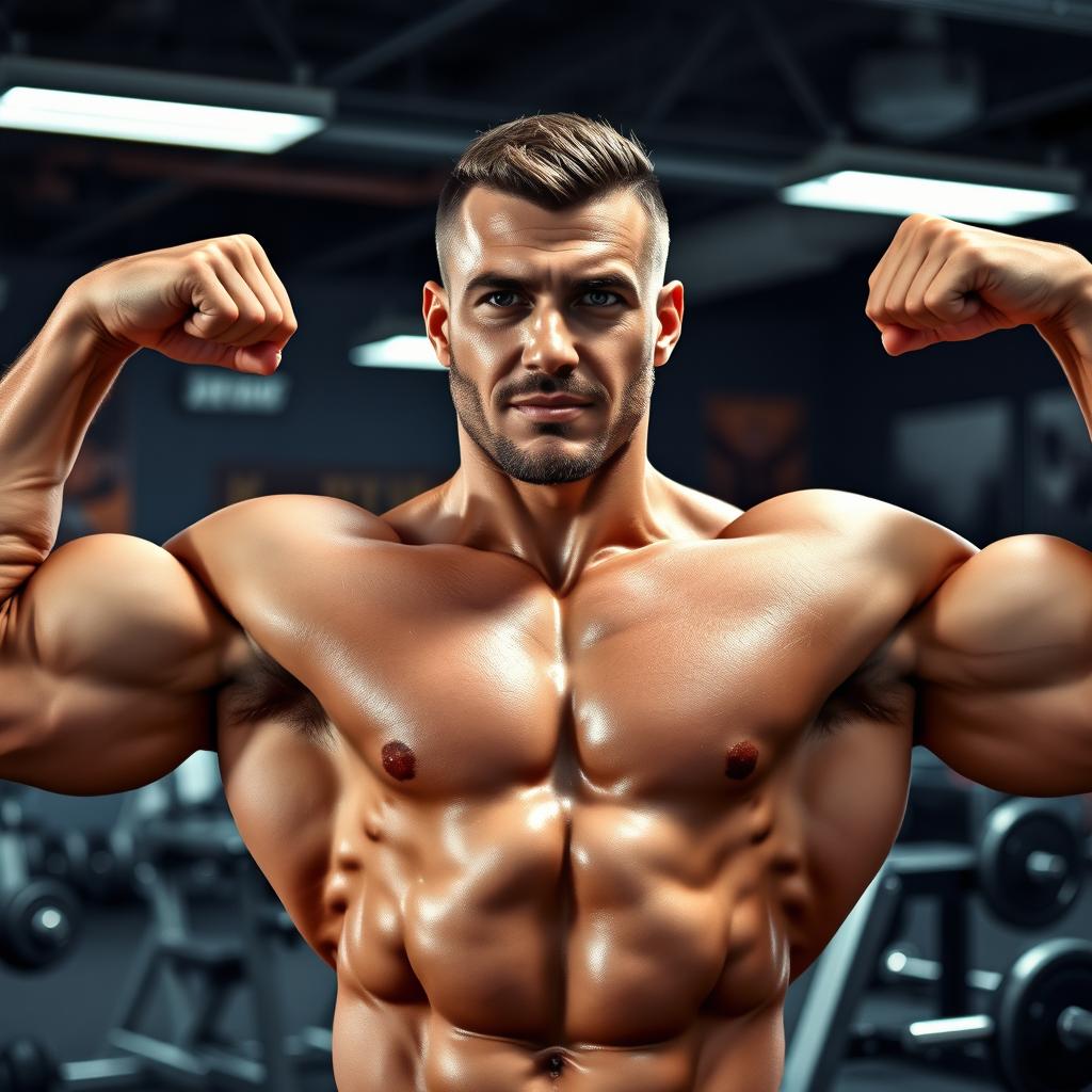 A muscular man with an athletic build, flexing his biceps in a gym setting