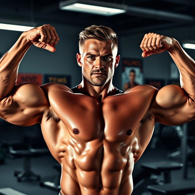 A muscular man with an athletic build, flexing his biceps in a gym setting