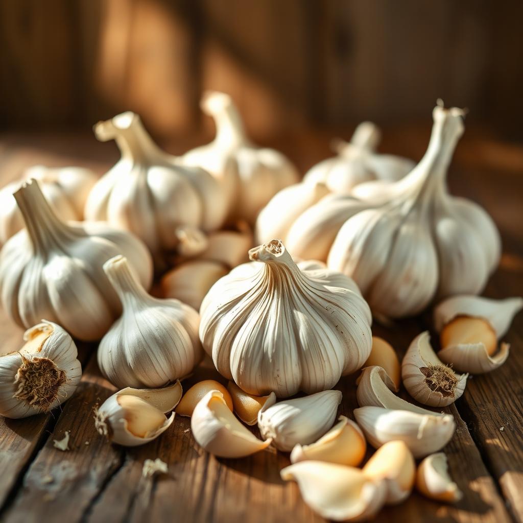 A stunning background image featuring an arrangement of garlic heads and garlic cloves on a rustic wooden table